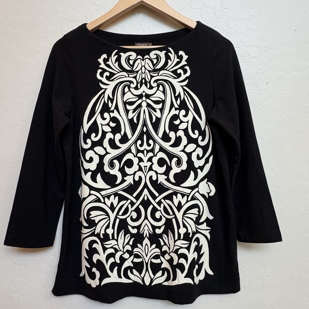 J. Mclaughlin Black Bainbridge Fabric Black 3/4" Floral Vines‎ Print Shirt Med